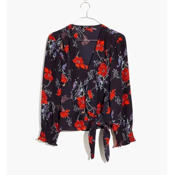 New MADEWELL Women's Loose Bouquet Night Vision Smocked Sleeve Wrap Top Size XS - Picture 3 of 8